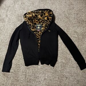 PINK Victoria's Secret Black Teddy Zip-up Sweatshirt with Leopard Lining